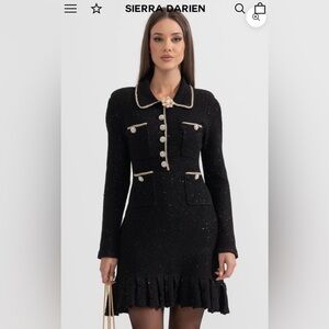 Elegant Black Women's SIERRA DARIEN Black Tweed Pearl-Trim Dress Jacket